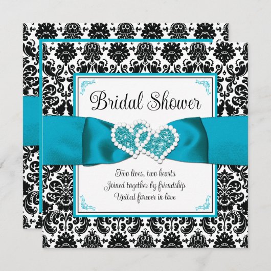 Türkis, Schwarze Damast Liebe Herz Brautparty Einladung (Vorne/Hinten)