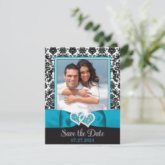 Türkis, Schwarze Liebe Herz Foto Save the Date (Stehend Vorderseite)