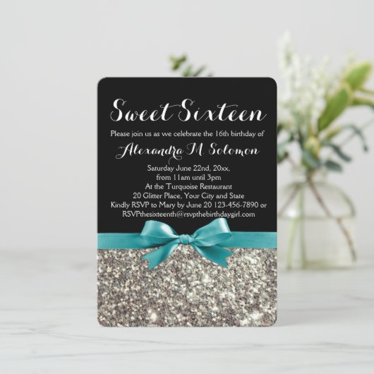 Türkis Silber Glitzer Sweet 16 Party Einladung (Stehend Vorderseite)