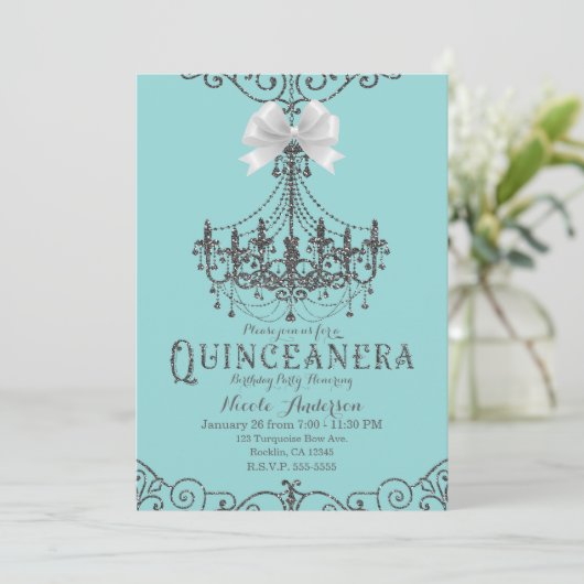Türkis & Silberer Weiße Bow Quinceañera 15 15. Einladung (Stehend Vorderseite)