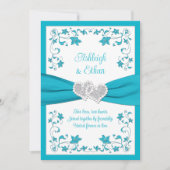 Türkis, Silberne Liebe Herz Einladung Hochzeit (Vorderseite)