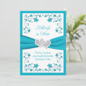 Türkis, Silberne Liebe Herz Einladung Hochzeit (Stehend Vorderseite)