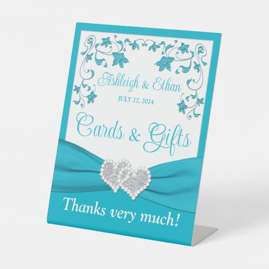 Türkis, Silberne Liebe Herz Hochzeiten Sockelschild (Vorderseite)