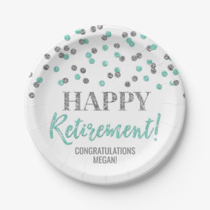 Türkis Silver Confetti Happy Rentirement Pappteller