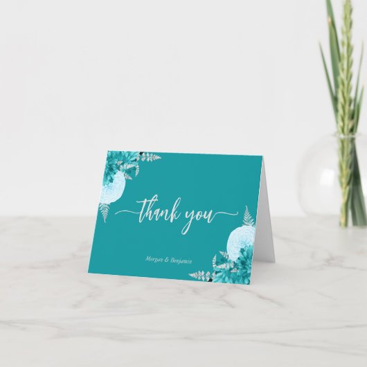 Türkis Silver Floral Script Wedding Dankeskarte (Vorderseite)