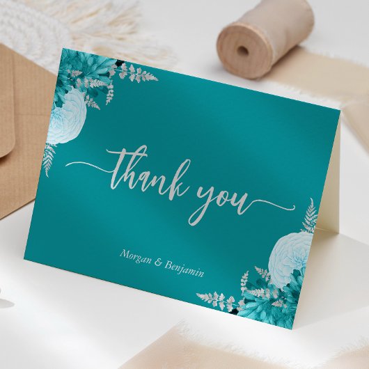 Türkis Silver Floral Script Wedding Dankeskarte
