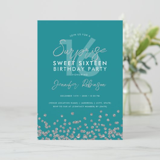 Türkis Silver Glitzer Überraschung Sweet 16 Einladung (Stehend Vorderseite)