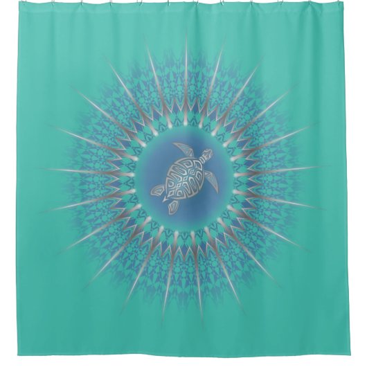 Türkis Silver Turtle Mandala Duschvorhang (Vorderseite)