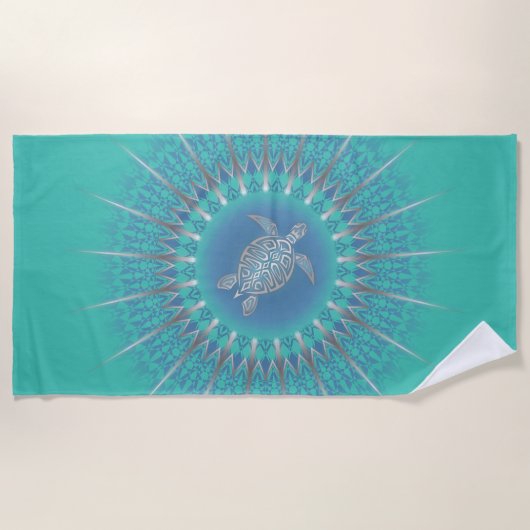Türkis Silver Turtle Mandala Strandtuch (Vorderseite)