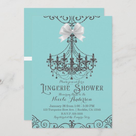 Türkis & Silver White Bow Lingerie Dusche Einladung (Vorne/Hinten)