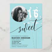Türkis Sparkler Sweet 16 Geburtstag Foto Folieneinladung (Vorderseite)