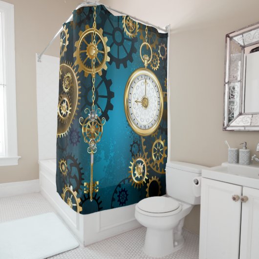 Türkis-Steampunkirche Hintergrund mit Gears Duschvorhang (Beispiel)