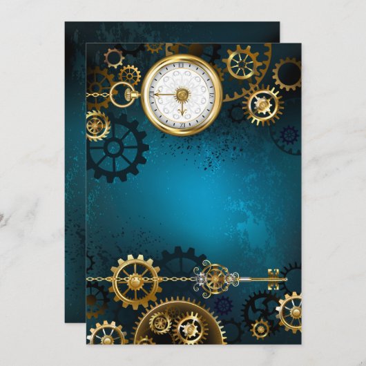 Türkis-Steampunkirche Hintergrund mit Gears Einladung (Vorne/Hinten)