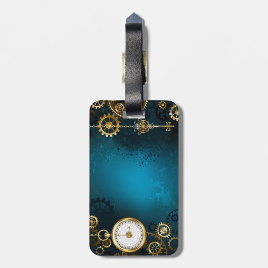 Türkis-Steampunkirche Hintergrund mit Gears Gepäckanhänger (Rückseite vertikal)