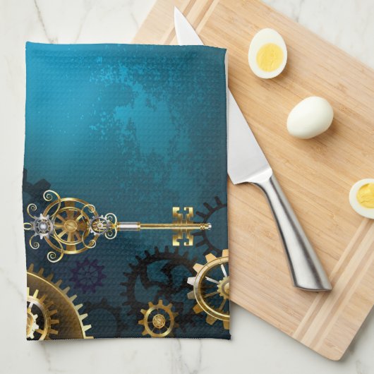 Türkis-Steampunkirche Hintergrund mit Gears Geschirrtuch (Viertel Falte)