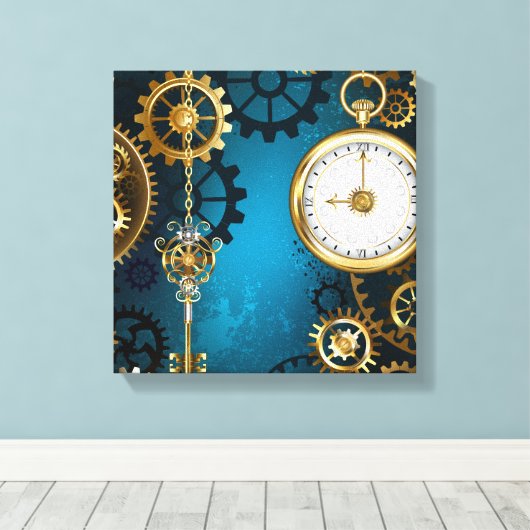 Türkis-Steampunkirche Hintergrund mit Gears Leinwanddruck (Insitu (Holzboden))