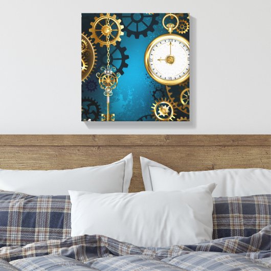 Türkis-Steampunkirche Hintergrund mit Gears Leinwanddruck (Insitu (Schlafzimmer))