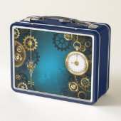 Türkis-Steampunkirche Hintergrund mit Gears Metall Brotdose (Rückseite)