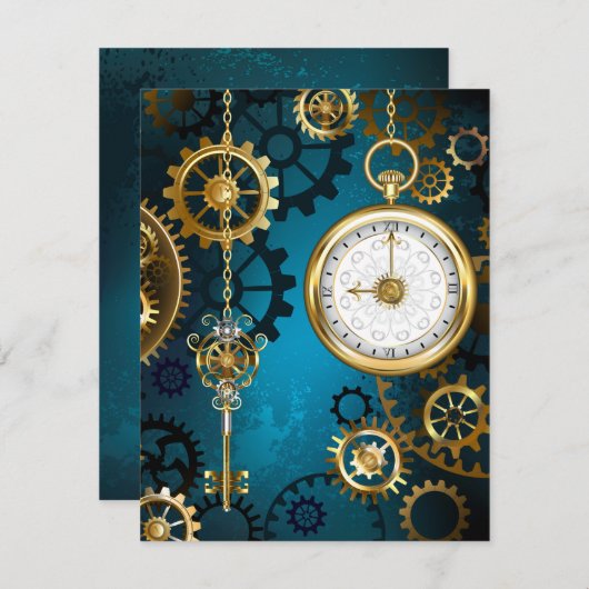 Türkis-Steampunkirche Hintergrund mit Gears Mitteilungskarte (Vorne/Hinten)