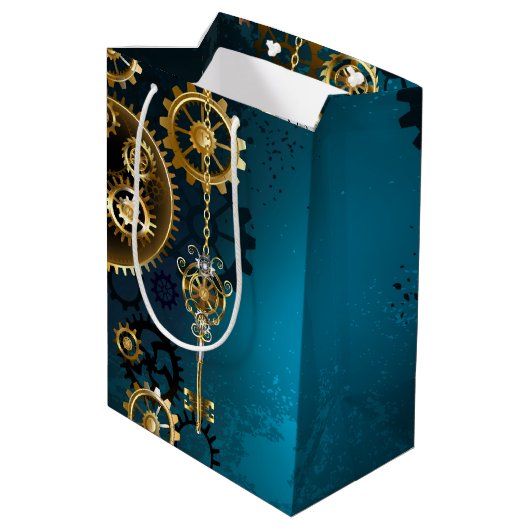 Türkis-Steampunkirche Hintergrund mit Gears Mittlere Geschenktüte (Rückseite Schrägansicht)