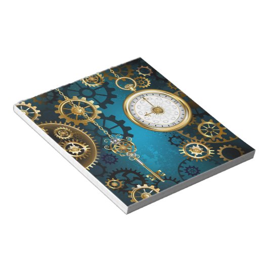 Türkis-Steampunkirche Hintergrund mit Gears Notizblock (angewinkelt)