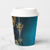 Türkis-Steampunkirche Hintergrund mit Gears Pappbecher (Vorderseite)