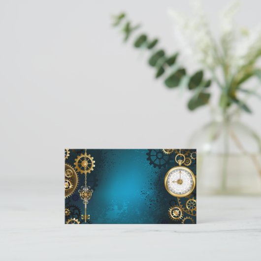 Türkis-Steampunkirche Hintergrund mit Gears Platzkarte (Stehend Vorderseite)