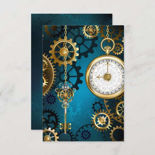 Türkis-Steampunkirche Hintergrund mit Gears RSVP Karte (Vorne/Hinten)