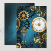 Türkis-Steampunkirche Hintergrund mit Gears Save The Date (Vorne/Hinten)