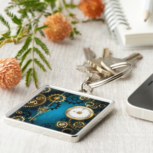 Türkis-Steampunkirche Hintergrund mit Gears Schlüsselanhänger (Seite)