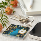 Türkis-Steampunkirche Hintergrund mit Gears Schlüsselanhänger (Vorderseite rechts)