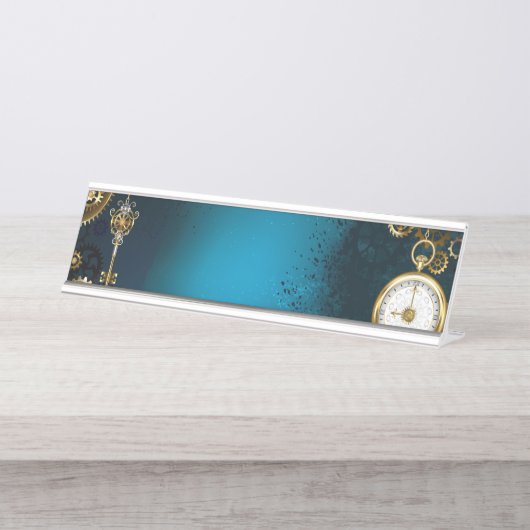 Türkis-Steampunkirche Hintergrund mit Gears Schreibtischnamensplakette (Vorderseite )