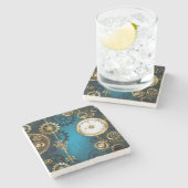 Türkis-Steampunkirche Hintergrund mit Gears Steinuntersetzer (Seitenansicht)