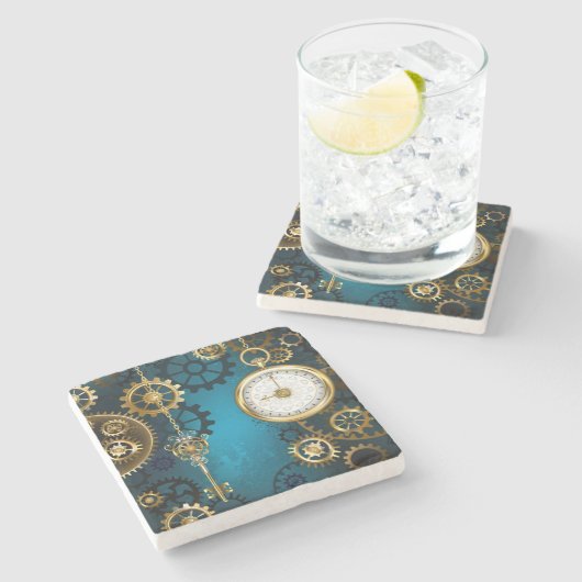 Türkis-Steampunkirche Hintergrund mit Gears Steinuntersetzer (Seitenansicht)