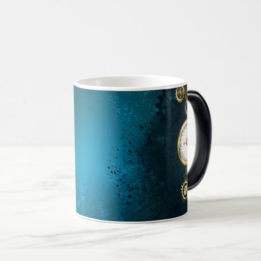 Türkis-Steampunkirche Hintergrund mit Gears Verwandlungstasse (VorderseiteRechts)