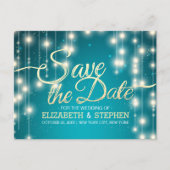 Türkis String Lights Gold Script Save the Date Ankündigungspostkarte (Vorderseite)
