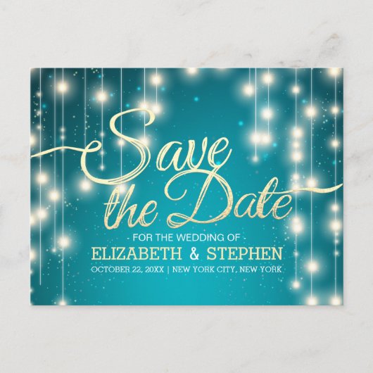 Türkis String Lights Gold Script Save the Date Ankündigungspostkarte (Vorderseite)