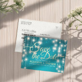 Türkis String Lights Gold Script Save the Date Ankündigungspostkarte