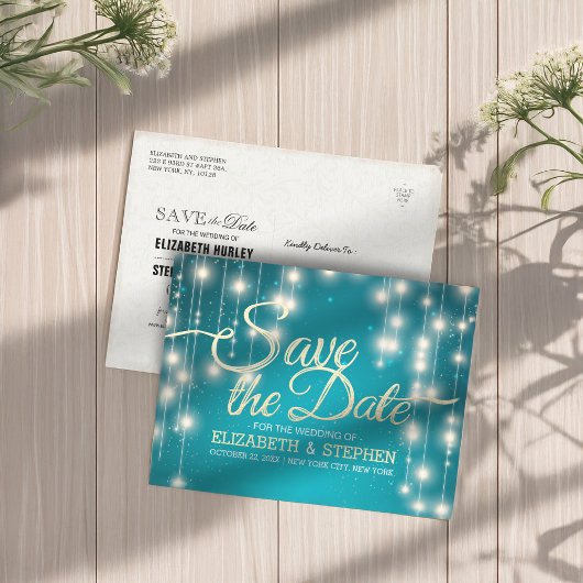 Türkis String Lights Gold Script Save the Date Ankündigungspostkarte