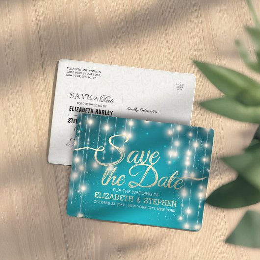 Türkis String Lights Gold Script Save the Date Ankündigungspostkarte