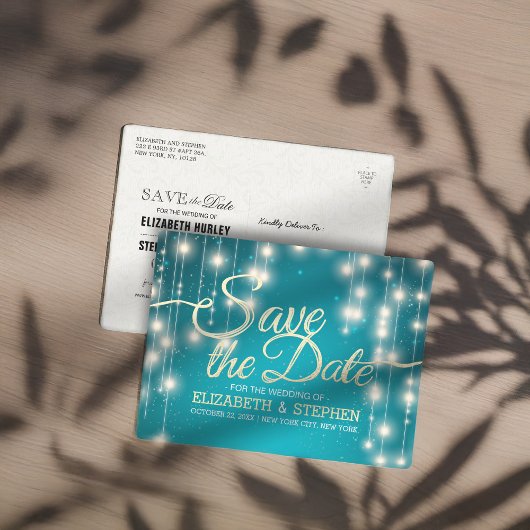 Türkis String Lights Gold Script Save the Date Ankündigungspostkarte