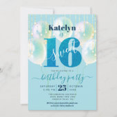 Türkis Sweet 16 Birthday Balloon Glitzer Script Einladung (Vorderseite)