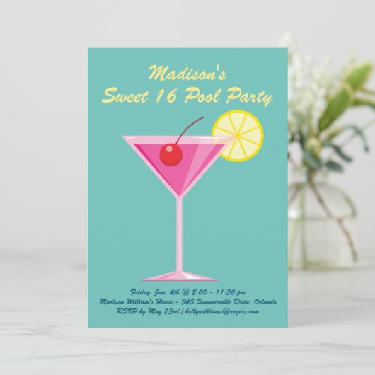 Türkis Sweet 16 Pool Party Einladung (Stehend Vorderseite)