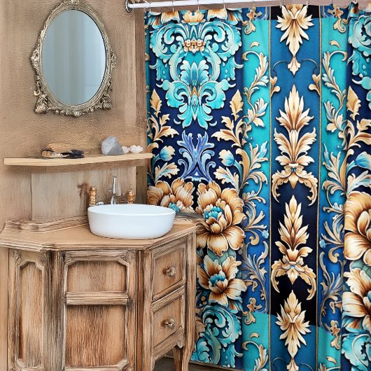 Türkis Tan Floral Damask Tile Western Style Duschvorhang