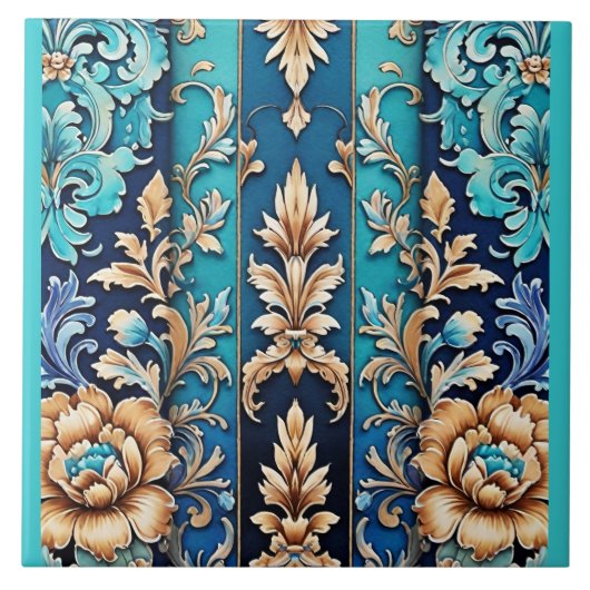 Türkis Tan Floral Damask Tile Western Style Fliese (Vorderseite)
