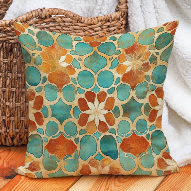 Türkis Terracotta Marokkanisch Tile Boho Earth Ton Kissen (Turquoise Terracotta Moroccan Tile Boho Earth Tone Throw Pillow)