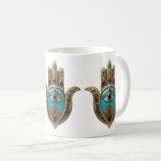 Türkis Third Eye Hamsa Kaffeetasse (VorderseiteRechts)
