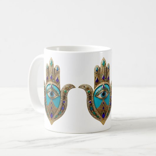 Türkis Third Eye Hamsa Kaffeetasse (Vorderseite Links)