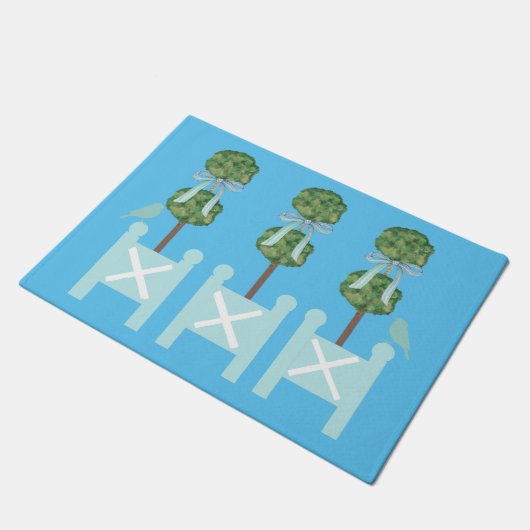 Türkis Topiary Bird Throw Kissen Fußmatte (Schrägansicht)