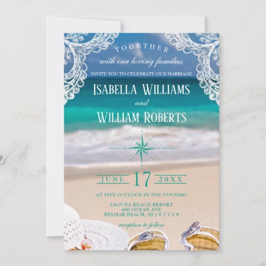 Türkis Tropical Beach Sommerhochzeit Einladung (Vorderseite)